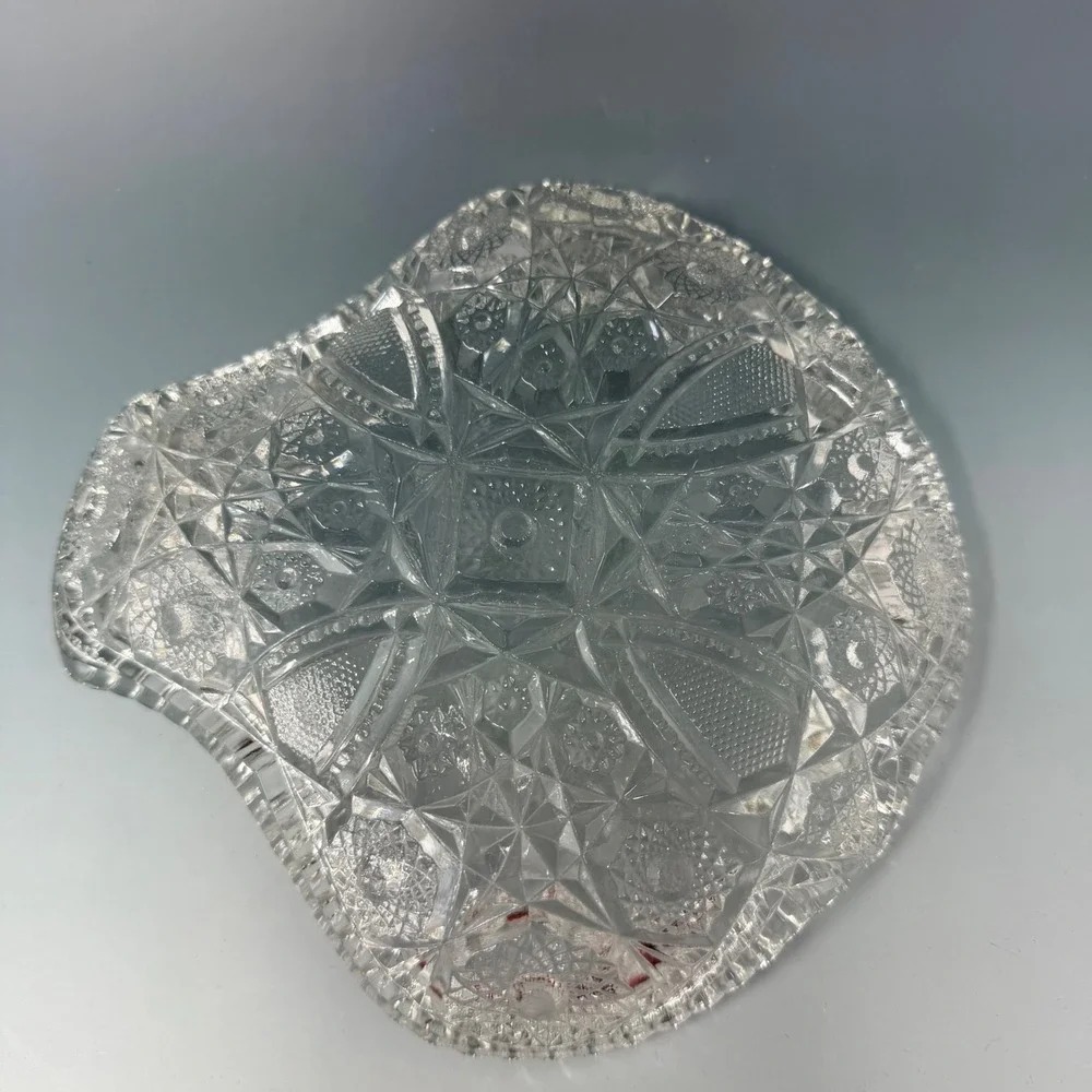 Vtg‎ American Brilliant Cut Glass Bowl Star and Fan Pattern Scalloped Edge 8in